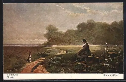 Künstler-AK Carl Spitzweg: Jäger sitzt auf einem Baumstumpf