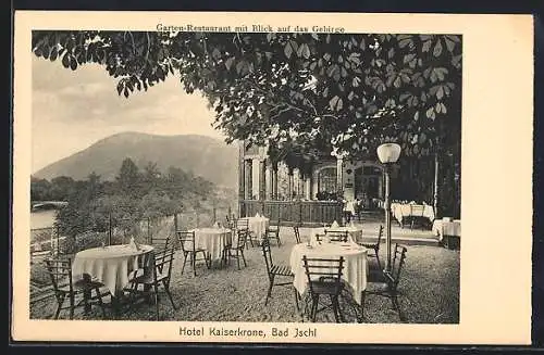 AK Bad Ischl, Hotel Kaiserkrone, Garten-Restaurant mit Blick auf das Gebirge