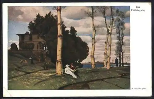 Künstler-AK Arnold Böcklin: Ein Frühlingstag, Spaziergänger am Wasser