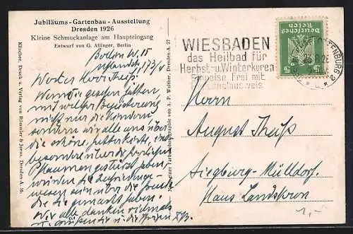 AK Dresden, Jubiläums-Gartenbau-Ausstellung 1926, Schmuckanlage am Haupteingang