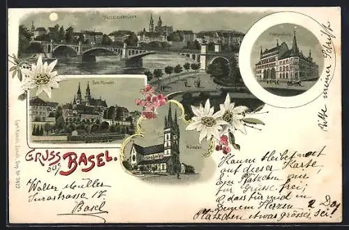 Lithographie Basel, Wettsteinbrücke, Postgebäude, Münster