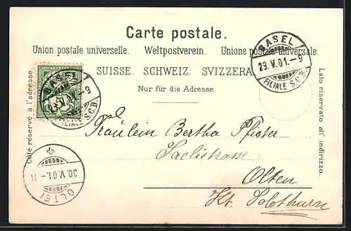 Lithographie Basel, Wettsteinbrücke, Postgebäude, Münster