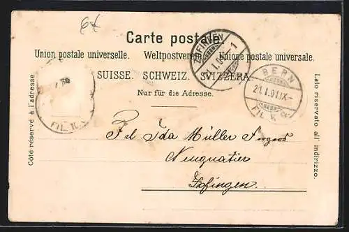 Lithographie Bern, Bahnhof, Totalansicht mit Alpenpanorama