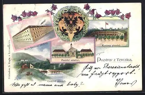Lithographie Theresienstadt / Terezin, Pionier-Übungsplatz, Kleine Infanterie-Kaserne, Parade-Platz