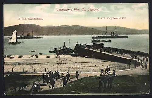 AK Rathmullan /Co. Donegal, Rathmullan Pier, H. M. S. New Zealand, H. M. S. King Edward VII.