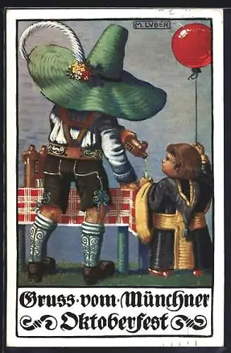 Künstler-AK Max Luber: Münchener Oktoberfest, Münchener Kindl mit Luftballon