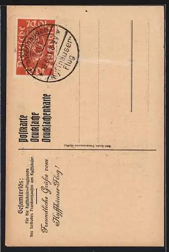 Künstler-AK Frankenhausen a. Kyffh., Kyffhäuser-Flugspende, Flugzeug passiert das Denkmal