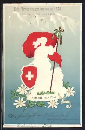 AK Schweiz, Helvetia mit mit Wappen-Schild, Speer und Löwe