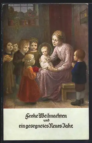 Künstler-AK Hans Huber-Sulzemoos: Eine Frau zeigt Waisenkindern das Christuskind