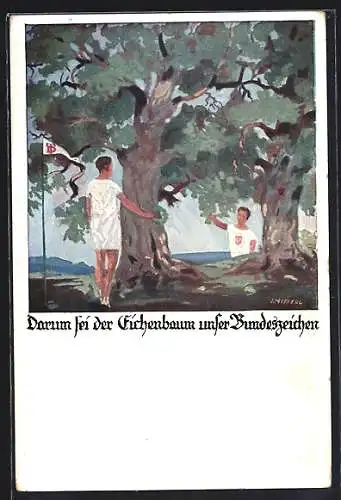 Künstler-AK Otto Amtsberg: Eichenbaum, Turner mit Wimpel