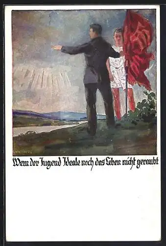 Künstler-AK Otto Amtsberg: Mann und ein junger Sportler stellen eine Fahne auf