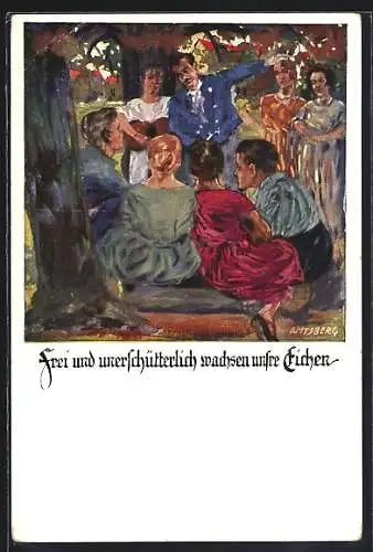 Künstler-AK Otto Amtsberg: Zum Besten des D.T.-Hauses, Frei und unerschütterlich wachsen unsre Eichen