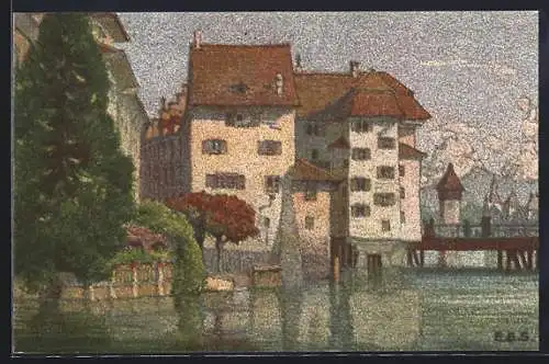 Künstler-AK Ernst E.Schlatter: Luzern, Partie an der Reusse