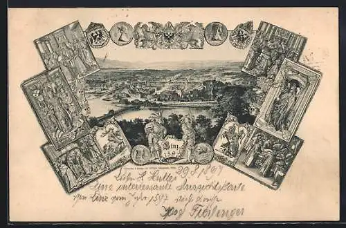 AK Linz a.d. Donau, Historische Totalansicht anno 1597, Bibelszenen, Wappen, Münzen, Um 1900
