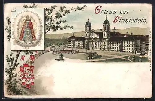 Lithographie Einsiedeln, Kloster mit Festzug, Gnadenbild