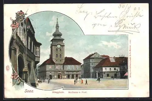 AK Saaz, Ringplatz mit Rathaus und Post
