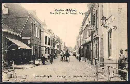AK Comines, Rue du Fort, Douane Belge mit Pferdegespann