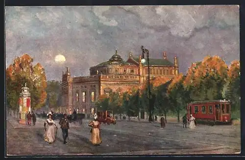 Künstler-AK Wien, K. K. Hofburgtheater mit Strassenbahn