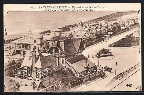 AK Sainte-Adresse, ensemble du Nice-Havrais, vue aérienne, un tramway, un attelage
