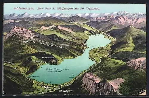 AK St. Gilgen im Salzkammergut, Ortspanorama mit St. Gilgen und St. Wolfgang-See aus der Vogelschau