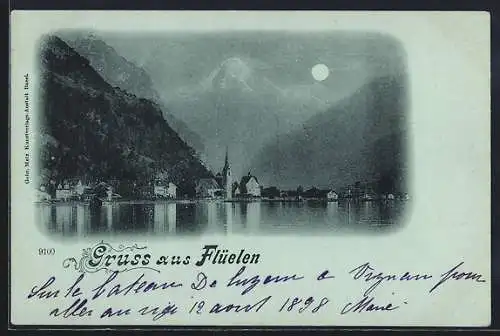 Mondschein-AK Flüelen, Ortsansicht mit Bergpanorama