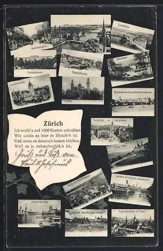 AK Zürich, Bahnhofstrasse, Polytechnikum, Zürichhorn, Landesmuseum, Tonhalle, Quaibrücke mit Grossmünster und Bellevue