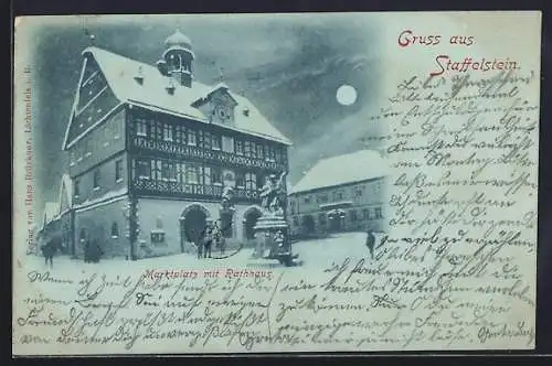 Mondschein-AK Staffelstein / Mainthal, Marktplatz mit Rathaus im Winter