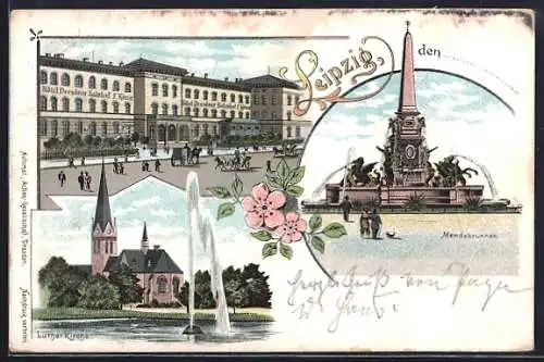 Lithographie Leipzig, Mendebrunnen und Luther Kirche