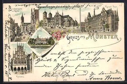 Lithographie Leipzig, Rathhaus, Dom, Kaiserl. Post, Lambertikirche mit Markt und Schloss