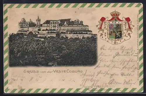 AK Coburg, Blick auf die Veste, Passepartout mit Wappen