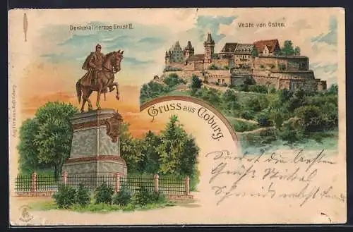 Lithographie Coburg, Denkmal Herzog Ernst II., Veste von Osten