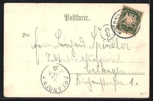 Lithographie Nürnberg, Stadtansicht, Mann giesst Jungen Verstandselixier in den Kopf