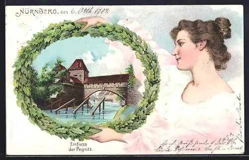 Passepartout-Lithographie Nürnberg, Einfluss der Pegnitz, Dame mit Eichenkranz