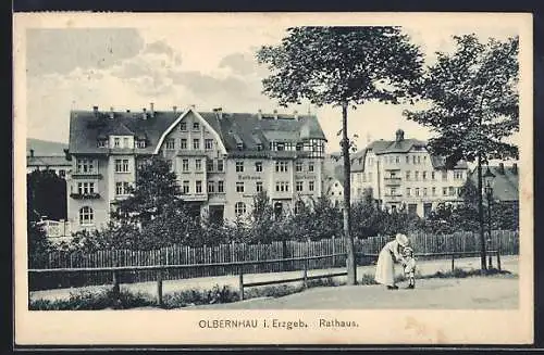 AK Olbernhau i. Erzgeb., Rathaus, Sparkasse und Geschäft von Bernhard O.