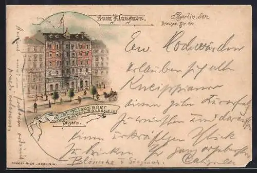 Lithographie Berlin, Restaurant zum Klausner, Krausenstrasse 64, Inh. J. M. Klaussner