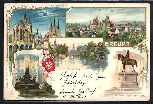 Lithographie Erfurt, Panorama, Dom, St. Severikirche & Monumentalbrunnen am Anger