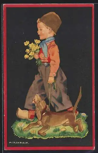 Künstler-AK Kleiner Holländer führt seinen Dackel an der Leine