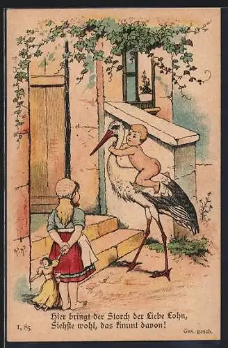 Künstler-AK Der Storch bringt ein Kind
