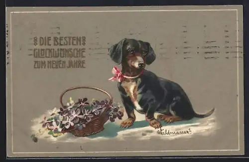 Präge-AK Dackel und Veilchen als Neujahrsgruss