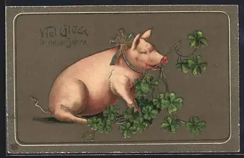 AK Neujahrsgruss, Schwein mit Glücksklee im Maul