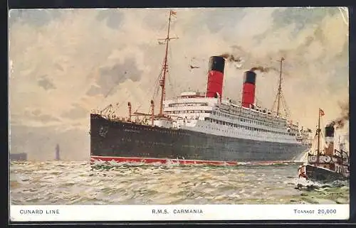 Künstler-AK Passagierschiff R. M. S. Carmania erreicht den Hafen, Cunard Line