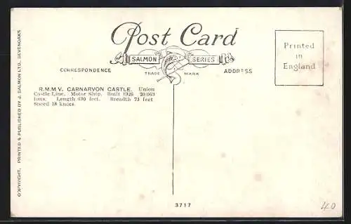 Künstler-AK Passagierschiff RMMV Carnarvon Castle in der Bugansicht