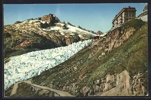 AK Furkastrasse, Hotel Belvédère mit Rhonegletscher und Gerstenhorn