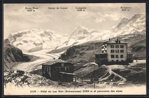 AK Zermatt, Hôtel du Lac Noir et panorama des alpes, Monte Rosa, Glacier du Gorner & Lyskamm