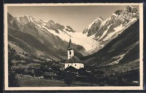 AK Kippel im Lötschental, Kirche mit Ahnengrat, Langgletscher, Sattelhorn und Schienhorn