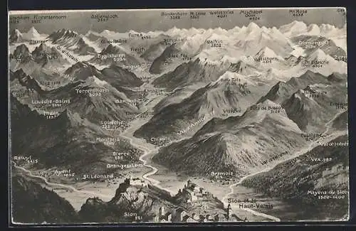 Künstler-AK Sion, Panorama mit Valère, Tourbillon und St. Léonard, Fiesch, Sierre und Balfrin
