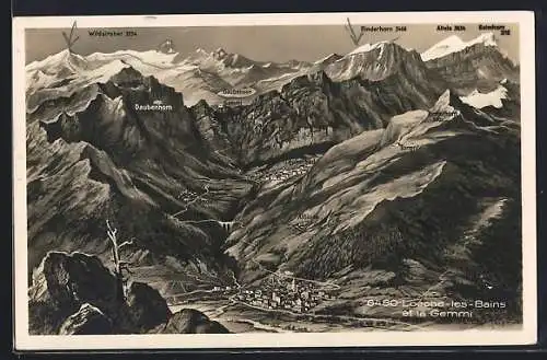 Künstler-AK Loèche-les-Bains, Panorama et la Gemmy, Daubenhorn, Rinderhorn & Wildstrubel