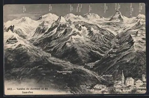 Künstler-AK Viege, Vallées de Zermatt er de Saas-Fee, Panorama mit Neubrücke, Stalden & Visperterminen, Strahlhorn
