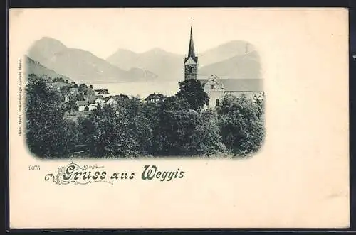 AK Weggis, Ortsansicht gegen die Berge