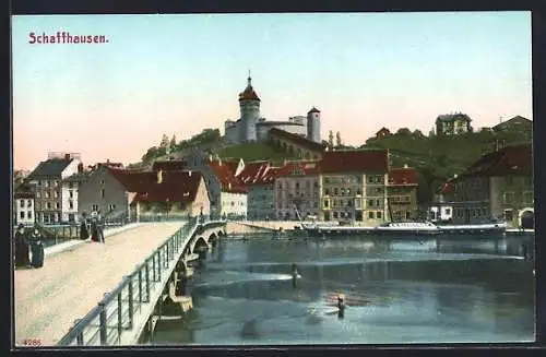 AK Schaffhausen, Brückenpartie mit Sicht zur Festung Munot, Dampfer Neptun